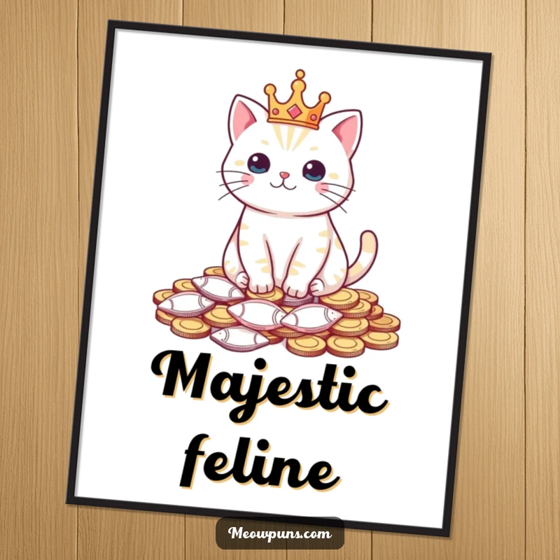 Funny poster of a cat wearing a tiny crown and sitting on fish-shaped coins, humorously depicting a royal feline treasure.