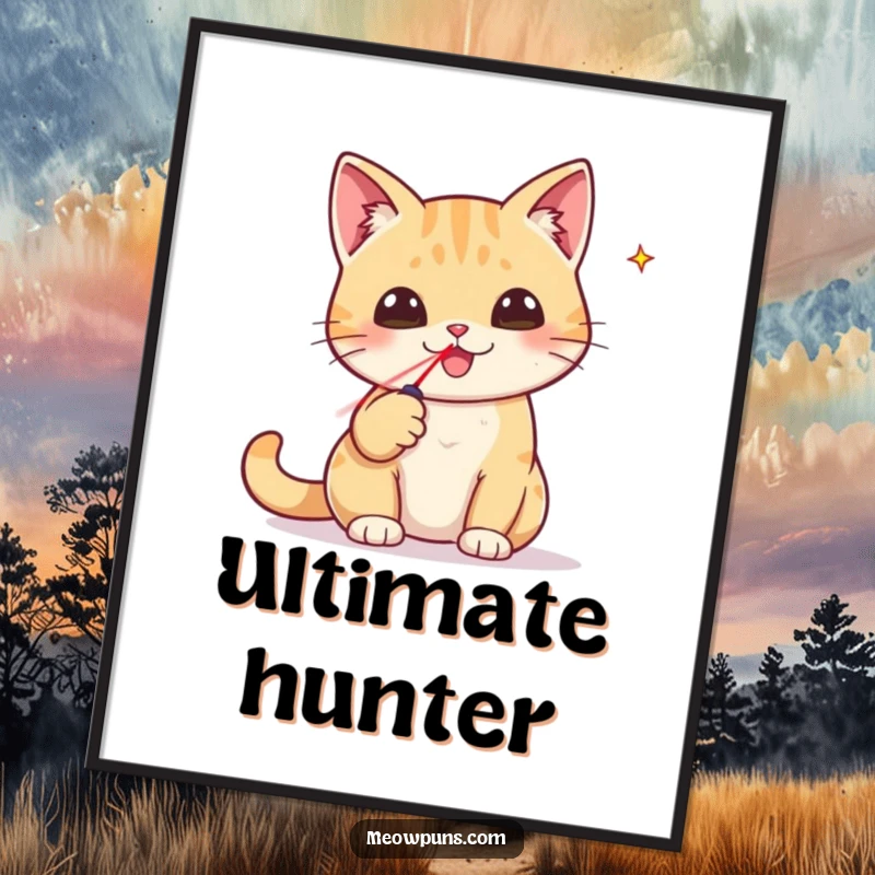 Funny poster print of a cat triumphantly holding a tiny laser pointer, showcasing a funny victory.