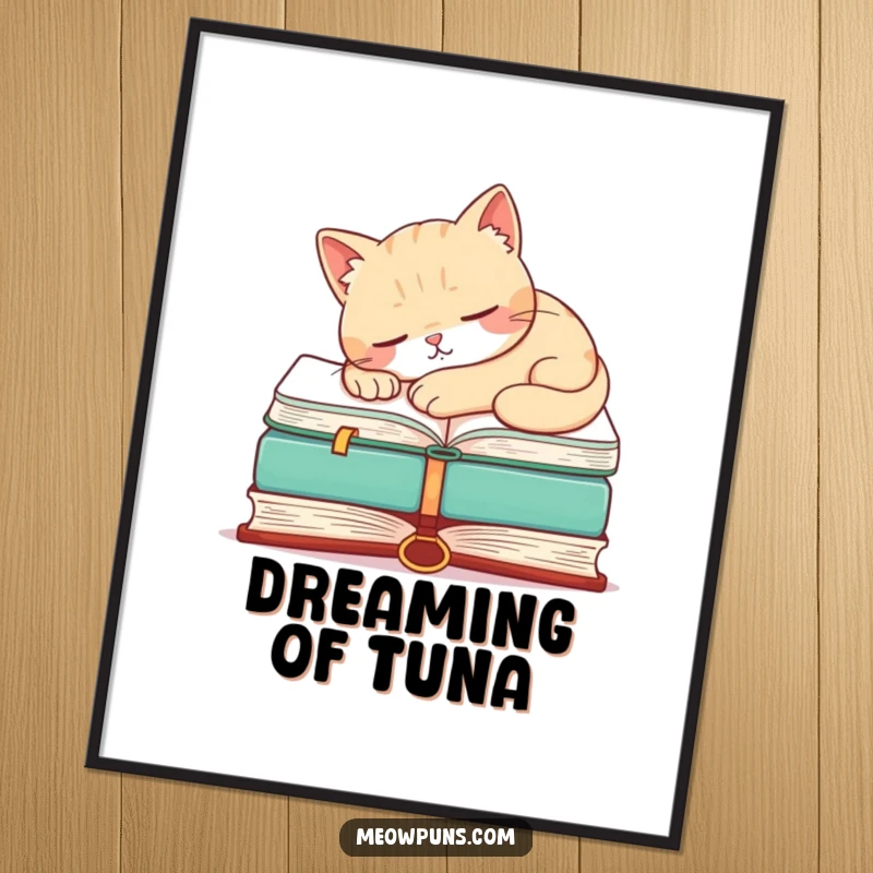 Funny poster depicting a cat snoozing on a giant book, offering a humorous and artistic touch to any room.