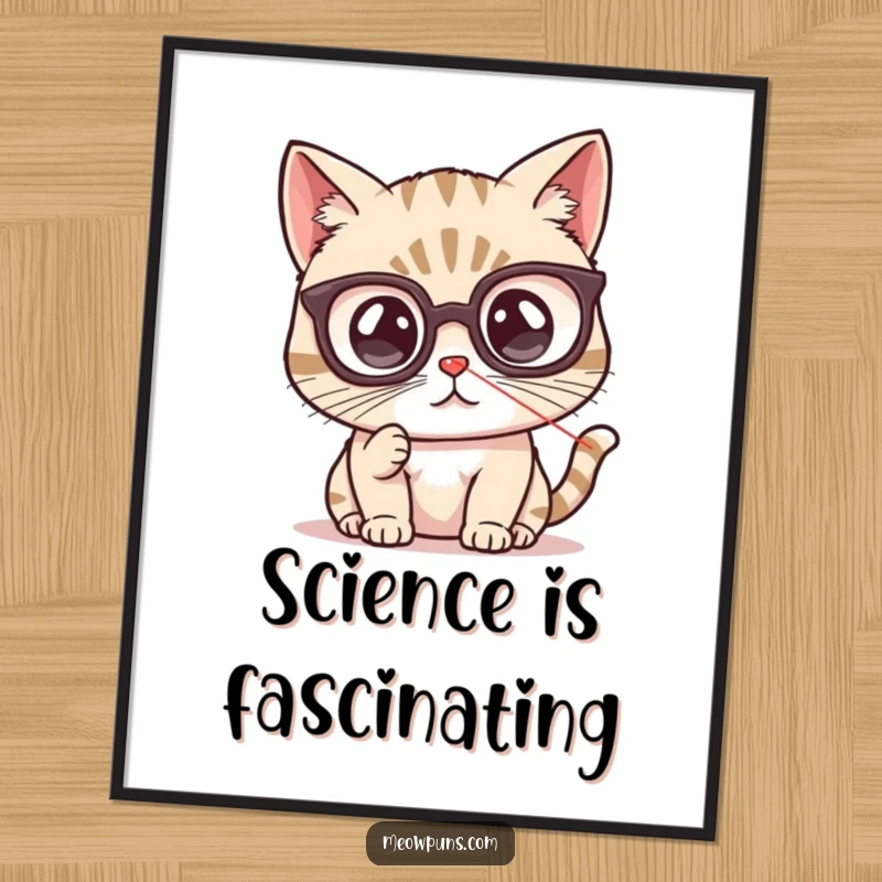 Funny cat poster featuring a cute cat wearing spectacles, intensely staring at a red laser pointer dot, adding humor to wall decor.