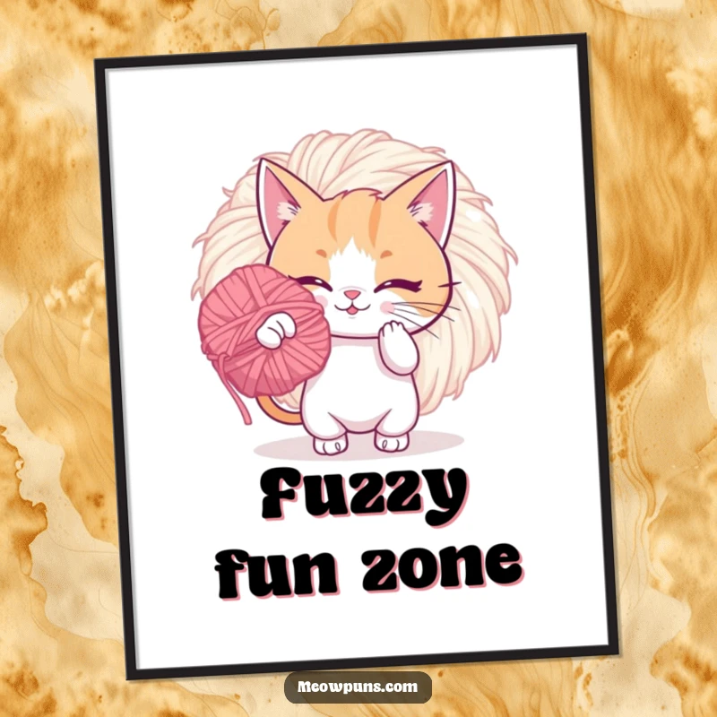 Funny poster displaying a playful cat batting at a giant, fuzzy yarn pom-pom, adding a touch of whimsical charm.