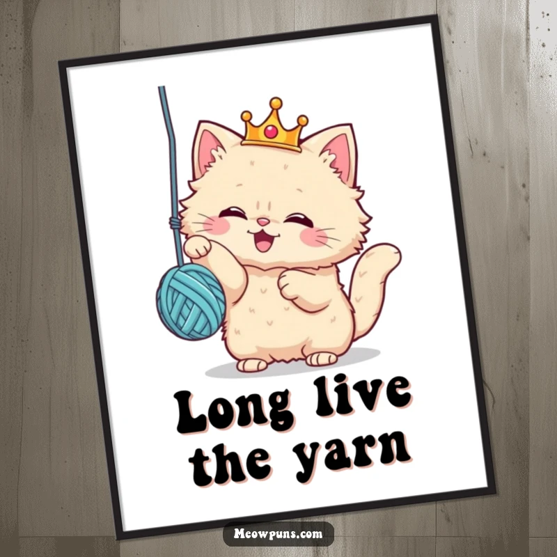 Funny poster of a fluffy cat wearing a crown, enthusiastically playing with a yarn ball, depicting royal whimsy and playful feline antics.
