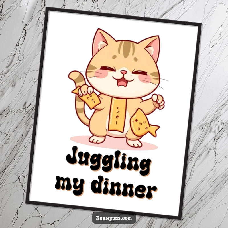 Funny poster of a mischievous cat attempting to juggle three fish-shaped crackers, depicting skillful yet chaotic snack-time entertainment.