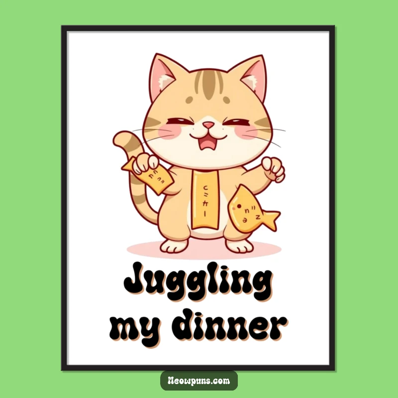 Funny Juggling Cat Crackers Poster: Hilarious Pet Art for Kitchens & More