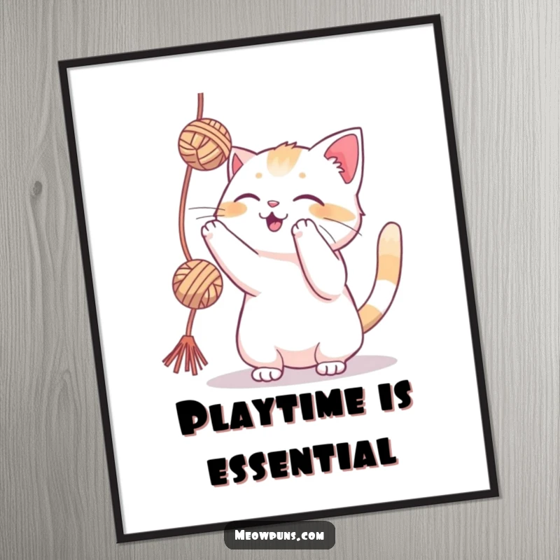 Funny cat playfully batting at a yarn ball on a poster, adding whimsical and joyful decor to any room.