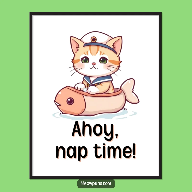 Funny Sailor Cat Fish Boat Poster: Whimsical Nautical Art for Your Fun Space