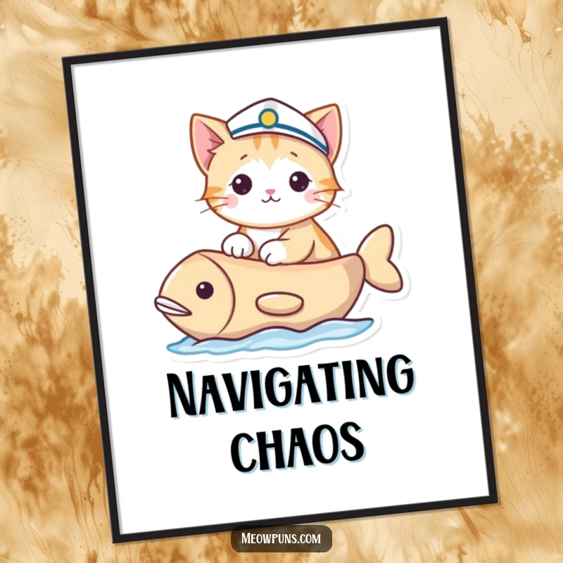 Funny poster of a cat in a sailor hat sailing a fish-shaped boat, showcasing whimsical maritime humor and feline exploration.