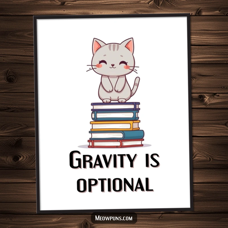Funny cute grey cat balancing on a precarious stack of books, presented as a humorous poster for whimsical wall art.