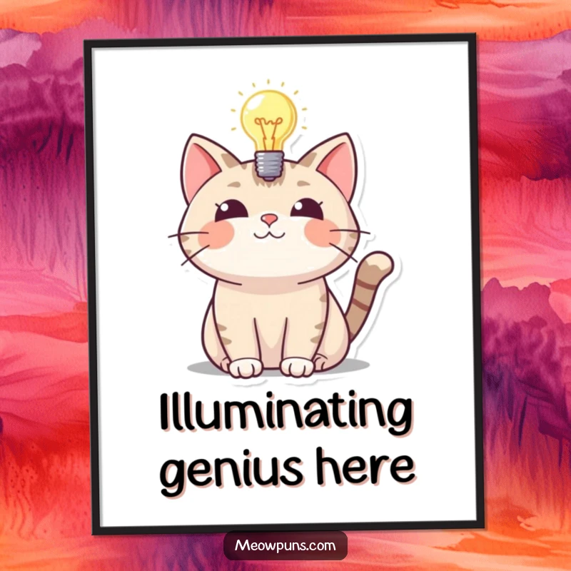 Funny poster print of a cat with a glowing lightbulb above its head, representing a funny moment of realization.