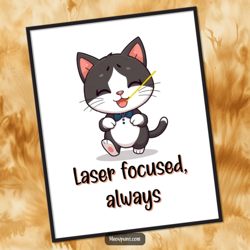 Funny Tuxedo Cat Poster, a playful tuxedo cat intensely chases a red laser dot, adding energetic art.