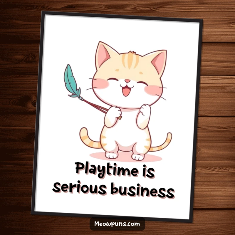 Funny poster of a cute cat character enthusiastically playing with a feather wand, capturing the essence of feline playfulness.