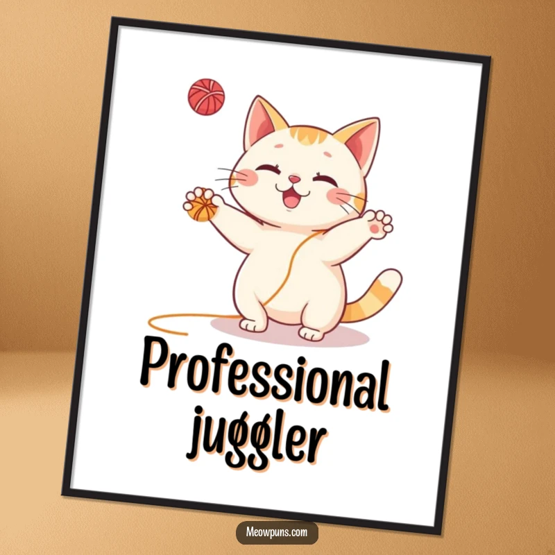 Funny Cat Poster: Dynamic depiction of an excited cat artistically juggling a multitude of yarn balls in mid-air.