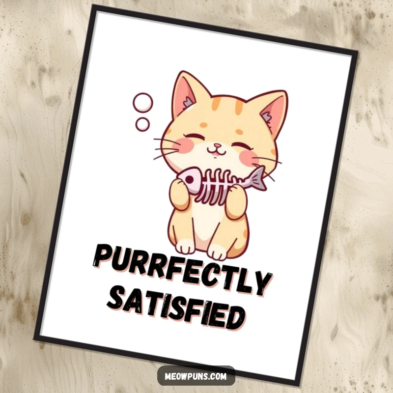 Funny poster featuring a cute, pleased cat with a fish skeleton in its thought bubble, bringing witty feline humor to walls.
