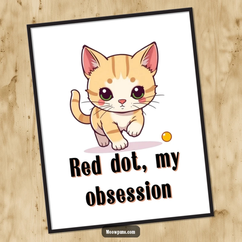 Funny poster print of a cat in mid-leap, chasing a red laser pointer dot, embodying playful intensity and curiosity.