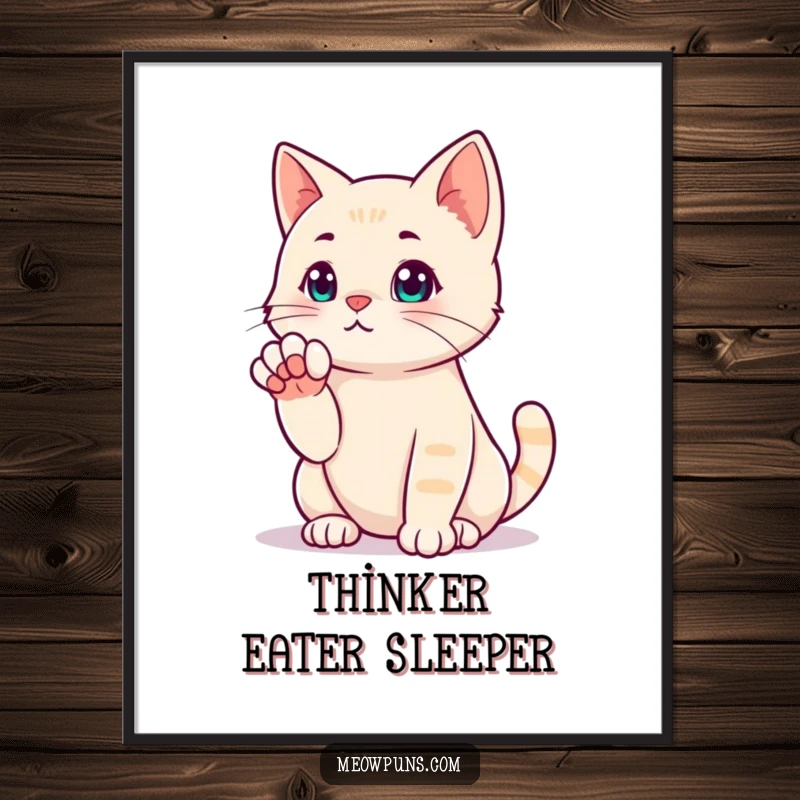 Funny poster print of a cat in a classic thinking pose, paw to its face, deep in contemplation.