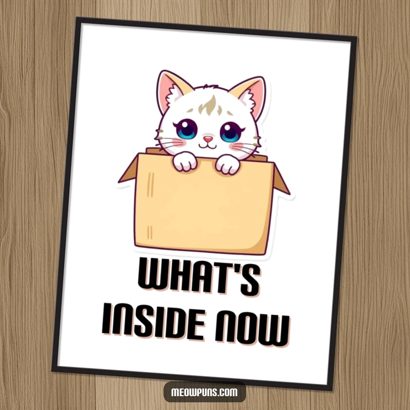Funny curious cat character peeking from a box, displayed as whimsical and humorous wall art on this poster.