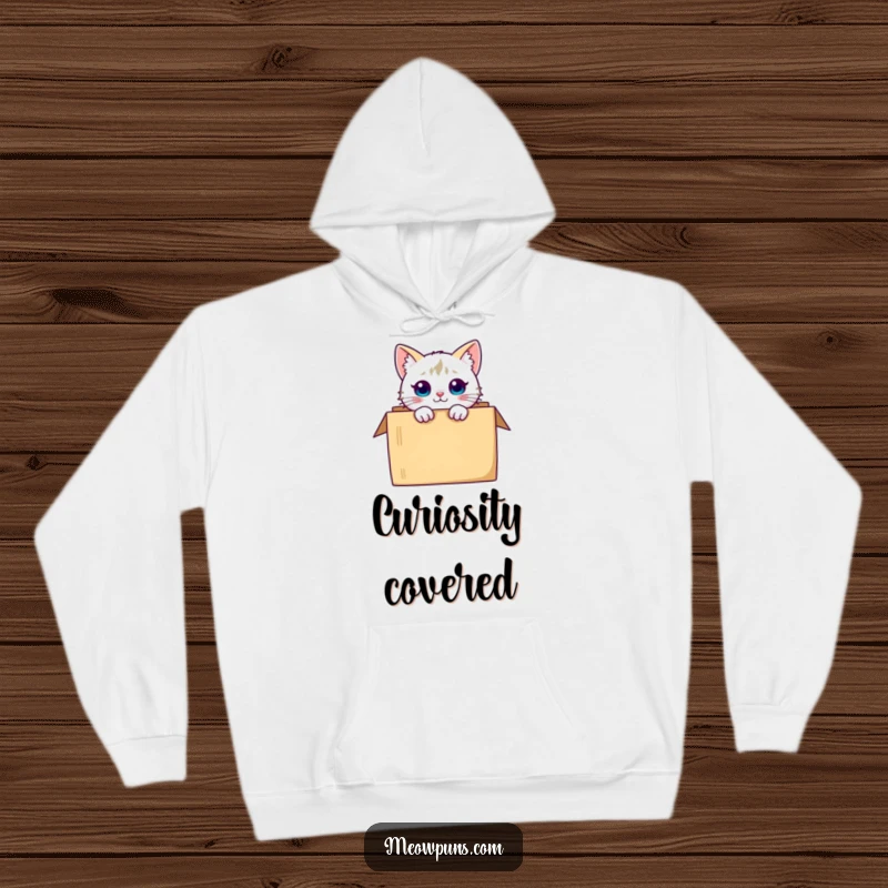 Funny curious cat character peeking from a box, designed for cozy comfort and playful intrigue on this hoodie.