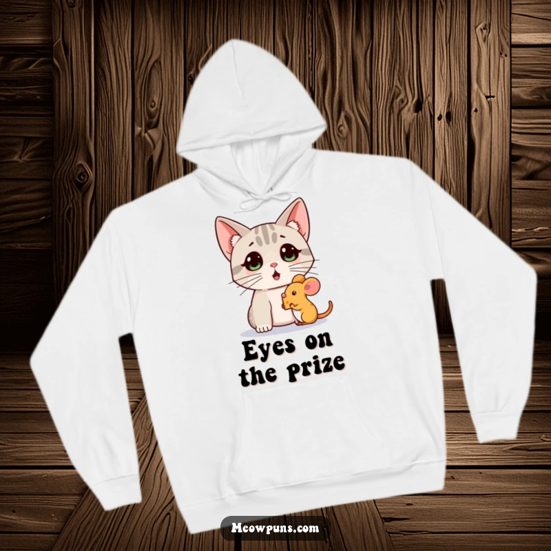 Funny hoodie featuring a surprised cat with perked ears, intently watching a mouse holding a tiny cheese wedge, for cozy amusement.