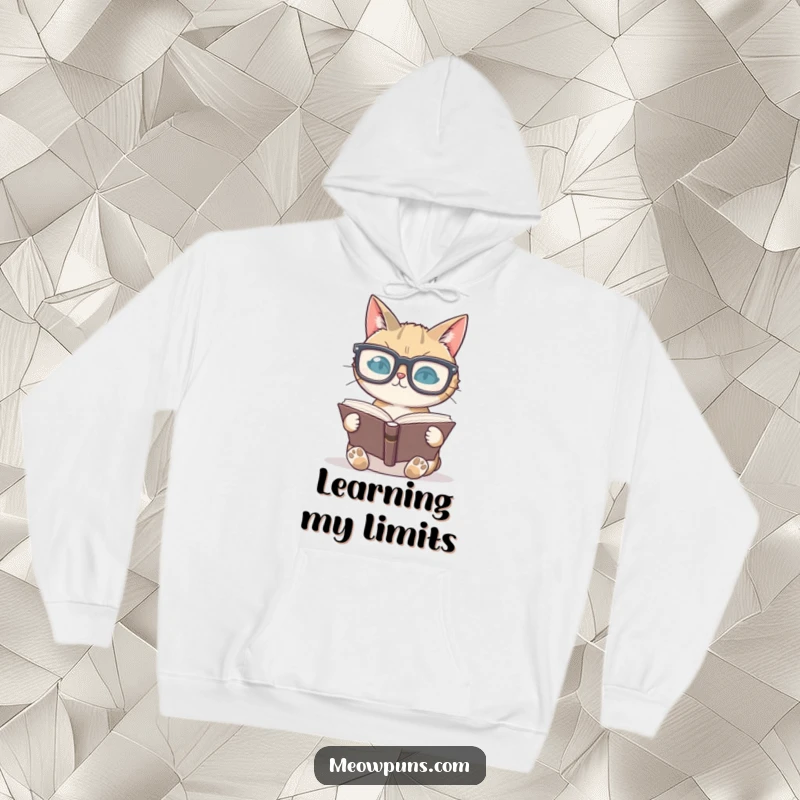 Funny cat wearing big glasses and reading a book on a hoodie, perfect for cozy literary moments.