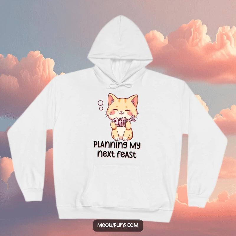 Funny hoodie featuring a cute, pleased cat contemplating a fish skeleton, offering warmth and a humorous feline statement.