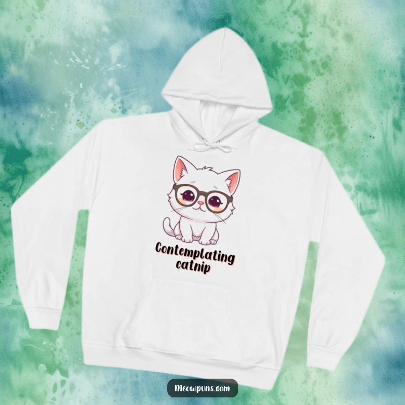 Funny white cat wearing glasses and looking thoughtful, depicted on a warm hoodie, ideal for cozy thinking sessions.