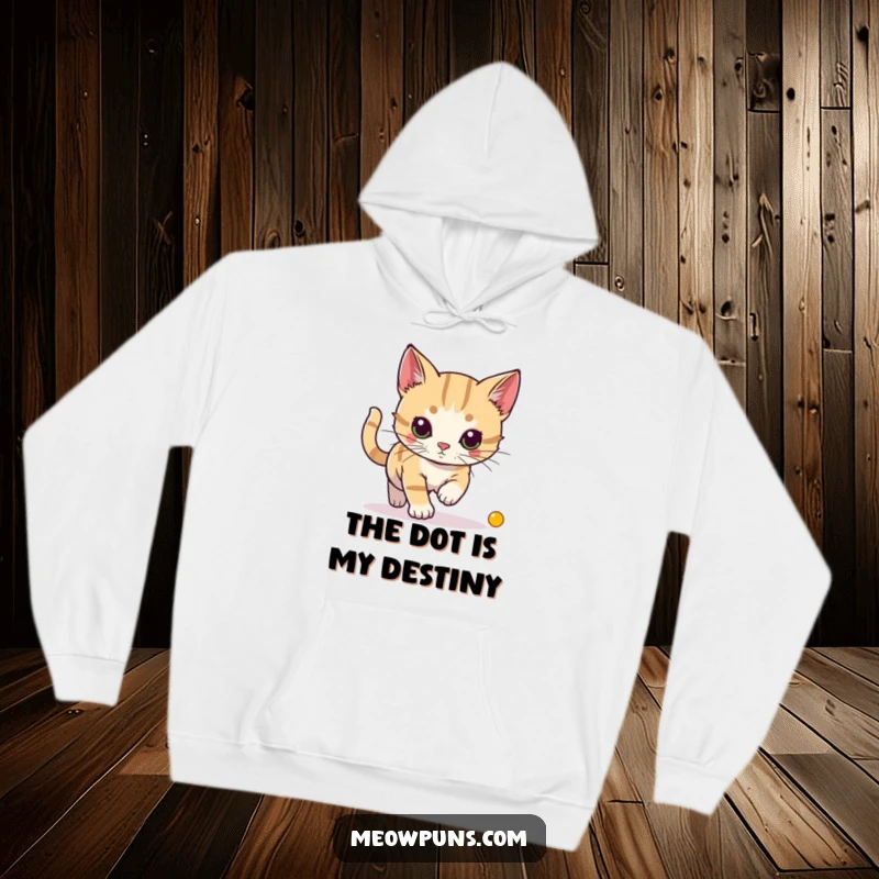 Funny hoodie showing a cat in full pursuit of a red laser dot, embodying focus, energy, and cozy comfort.