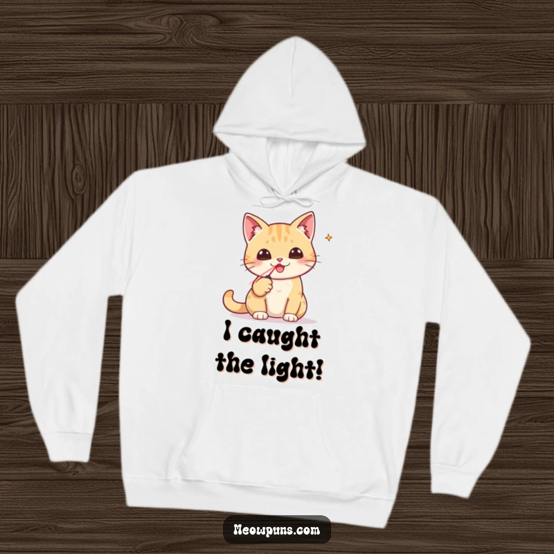 Funny hoodie depicting a cat triumphantly holding a tiny laser pointer, a symbol of ultimate feline conquest.