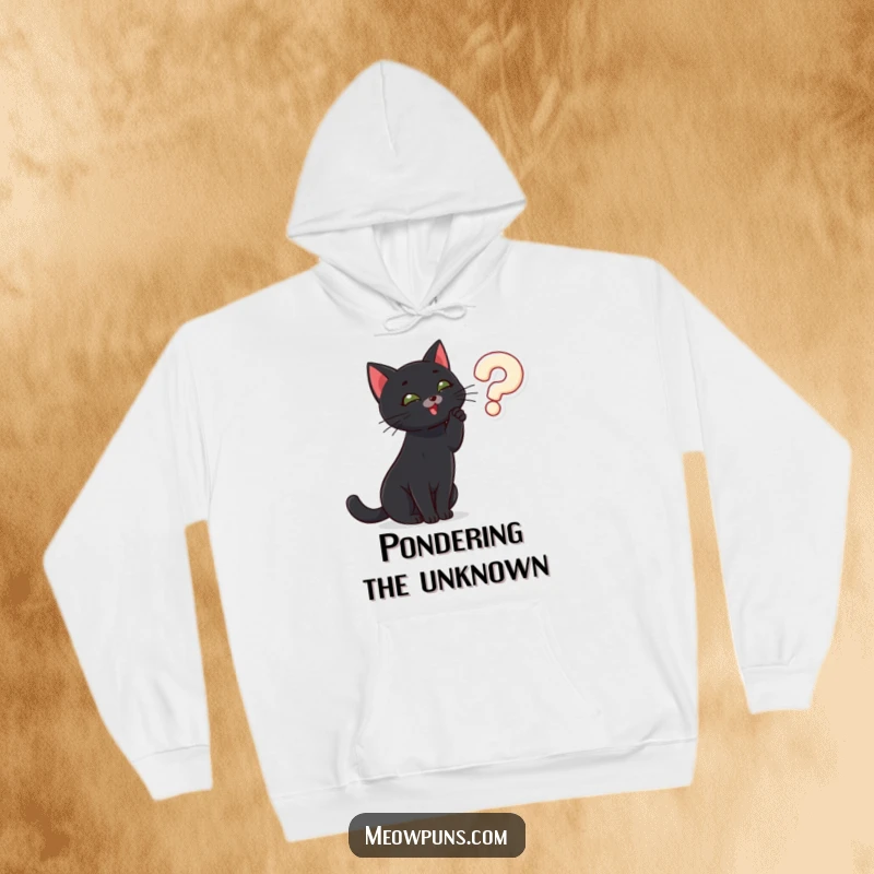 Funny black cat batting at a question mark, depicted on a warm hoodie, perfect for cozy contemplation.