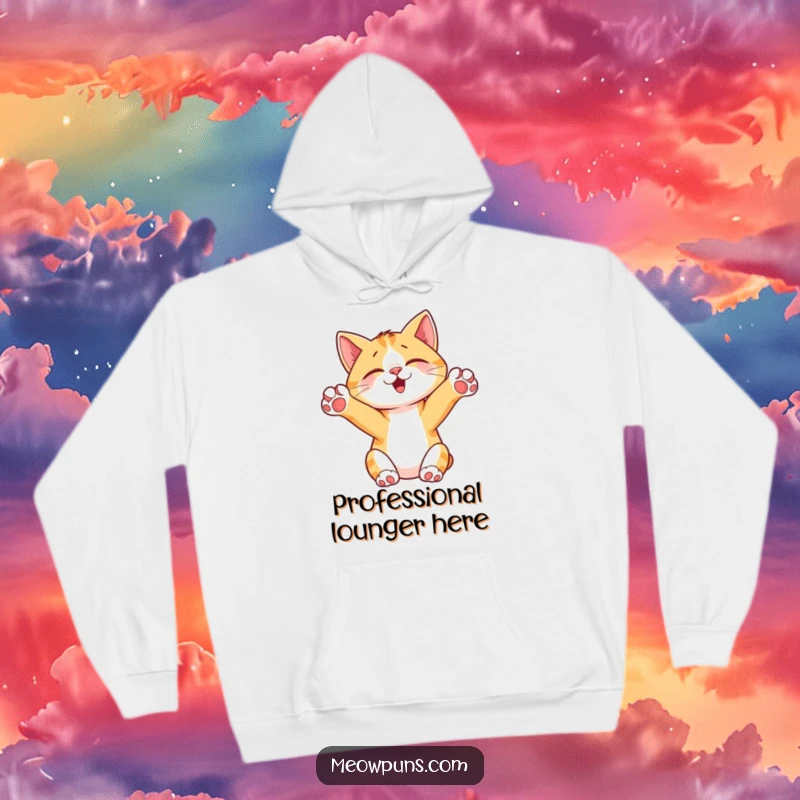 Funny Cat Paws Up Hoodie, featuring a cute cat stretching blissfully with its paws extended high, symbolizing comfort and joy.