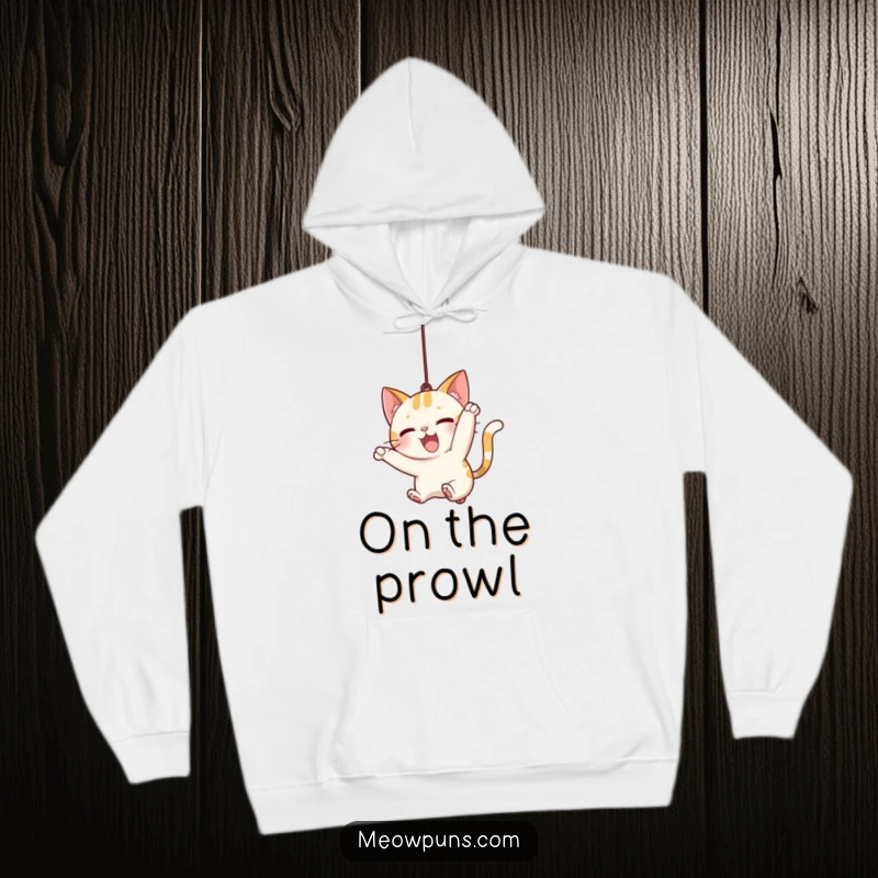 Funny Cat Pounce Hoodie, showing a cute cat in full pounce mode, targeting a dangling string with intense focus and joy.