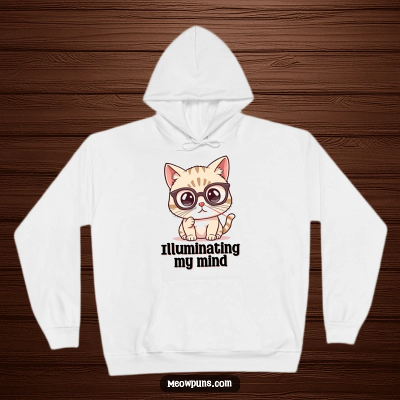 Funny cat hoodie featuring a cute cat with tiny spectacles, intensely focused on a red laser pointer dot, offering warmth and wit.