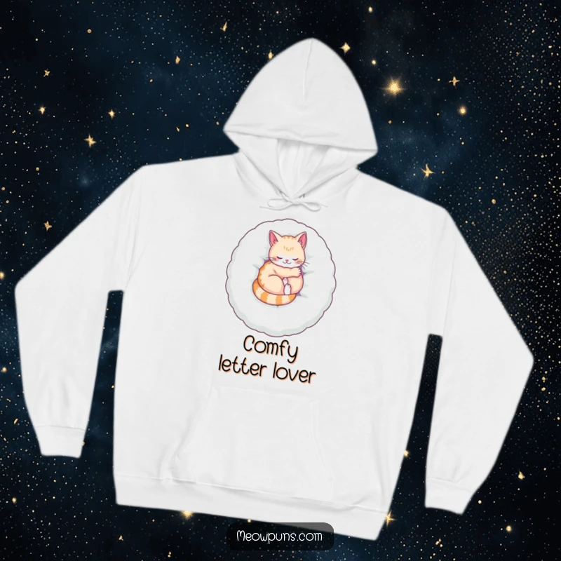 Funny hoodie with a cat purring on a large plush letter, offering ultimate comfort and humorous feline contentment.