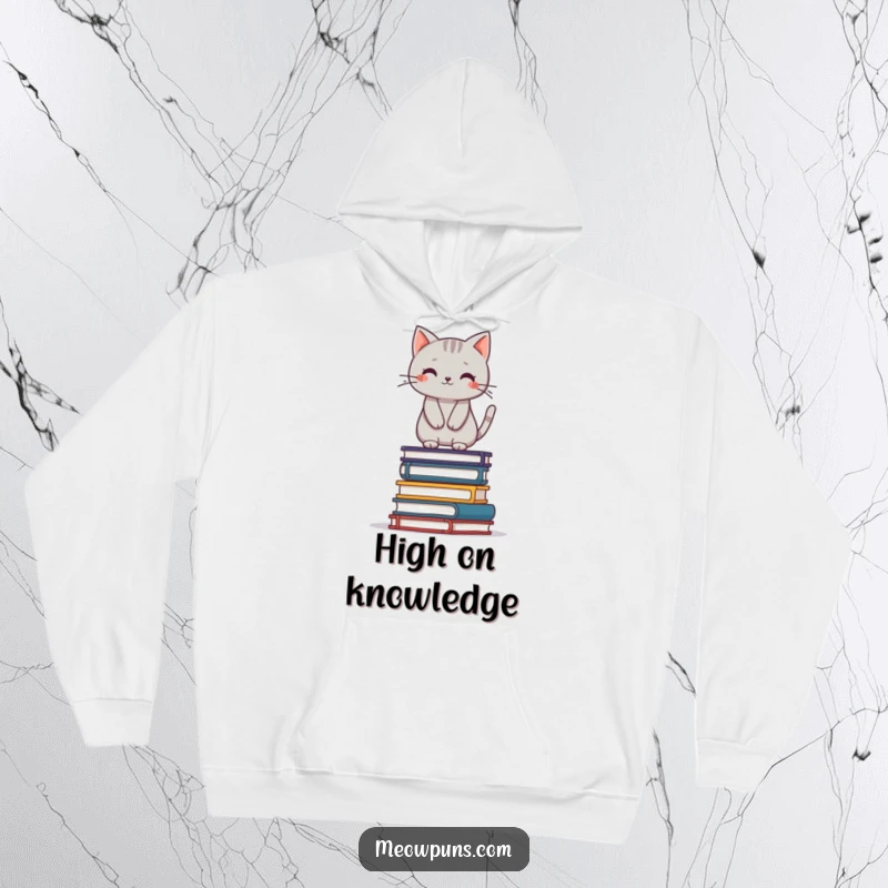 Funny grey cat balancing on a stack of books, depicted on a warm hoodie, ideal for cozy reading sessions.