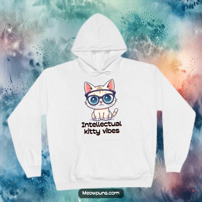 Funny hoodie design of a cute cat character wearing oversized reading glasses, looking studious and ready to ponder life's mysteries.