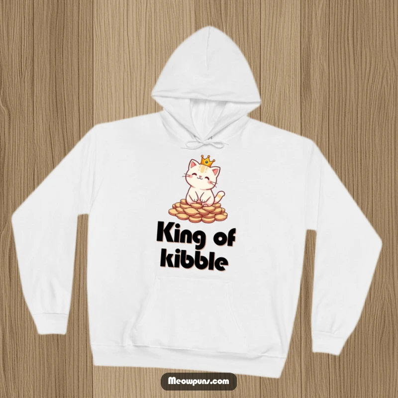 Funny hoodie showcasing a cat in a crown sitting on a pile of fish-shaped coins, offering warmth and humorous royalty.