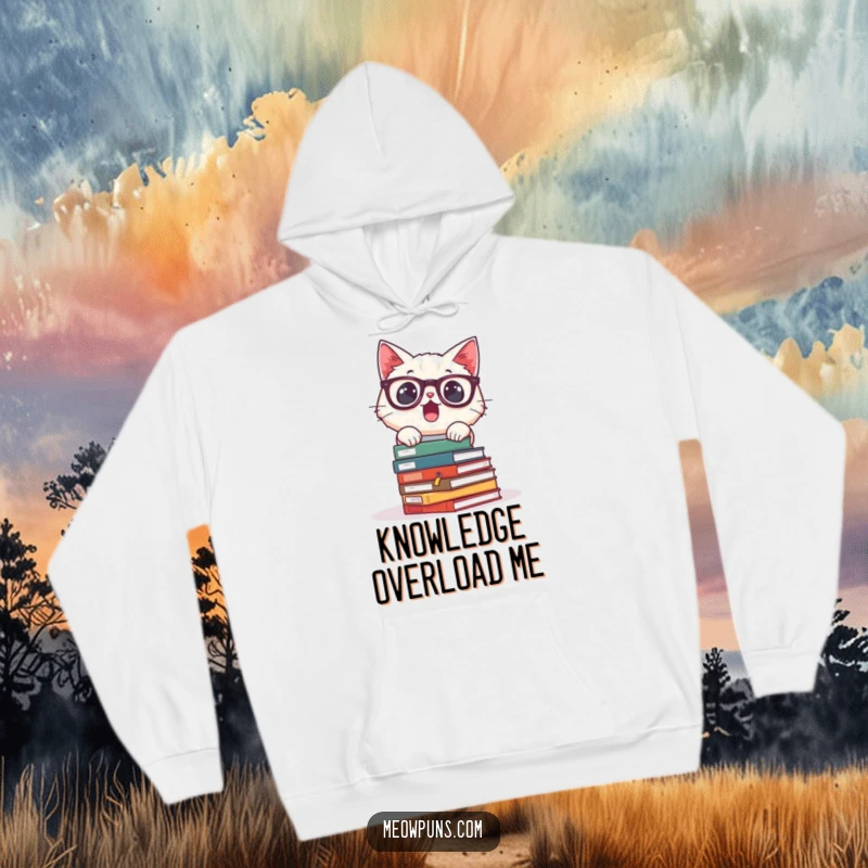 Funny hoodie featuring a surprised cat wearing glasses, books tumbling down, offering warmth and a humorous academic vibe.