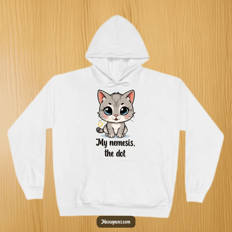 Funny cat hoodie showing a cat with wide, amazed eyes chasing a laser dot in a dizzying pattern, embodying energetic amusement.