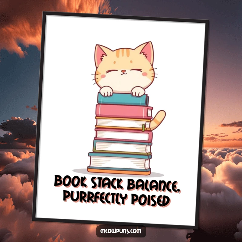 Funny Free Printable Wall Art: A cat looking stressed while balancing an impossibly tall stack of books.