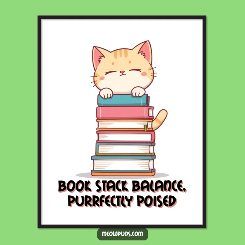 Funny Free Printable Wall Art: Precarious Cat's Library - Quirky Downloadable Decor