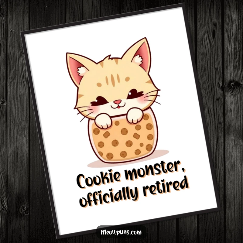 Funny Free Printable Wall Art: A cat with a sly grin peeking out of a cookie jar, a quirky DIY decoration.