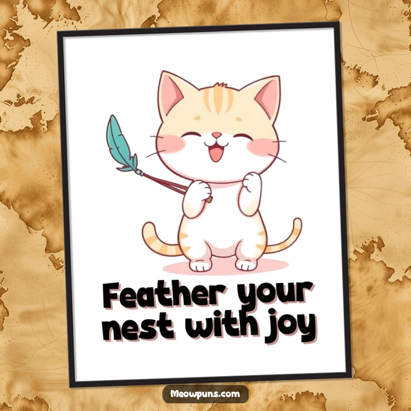 Funny Free Printable Wall Art: A cute cat character is depicted in mid-play, enthusiastically batting at a feather wand.