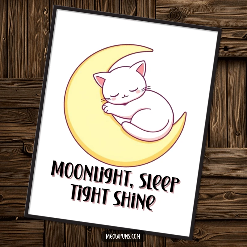 Free Printable Sleepy Cat Moon Wall Art: A content cat sleeps soundly on a crescent moon, evoking peace.