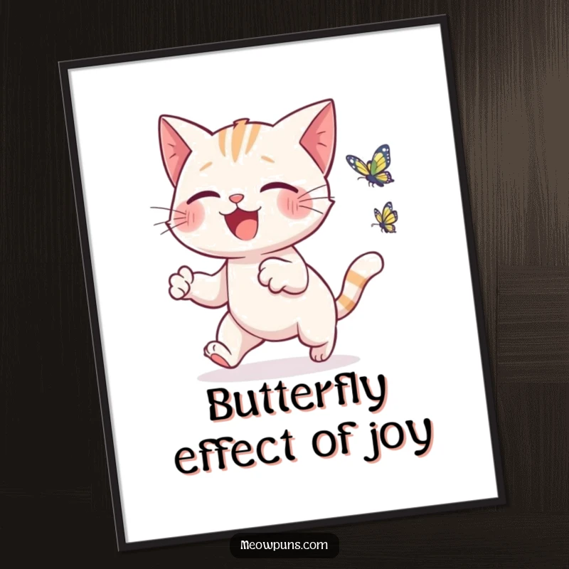 Funny Free Printable Wall Art: A cute cat joyfully leaping in pursuit of a tiny, animated butterfly in a sunny outdoor scene.