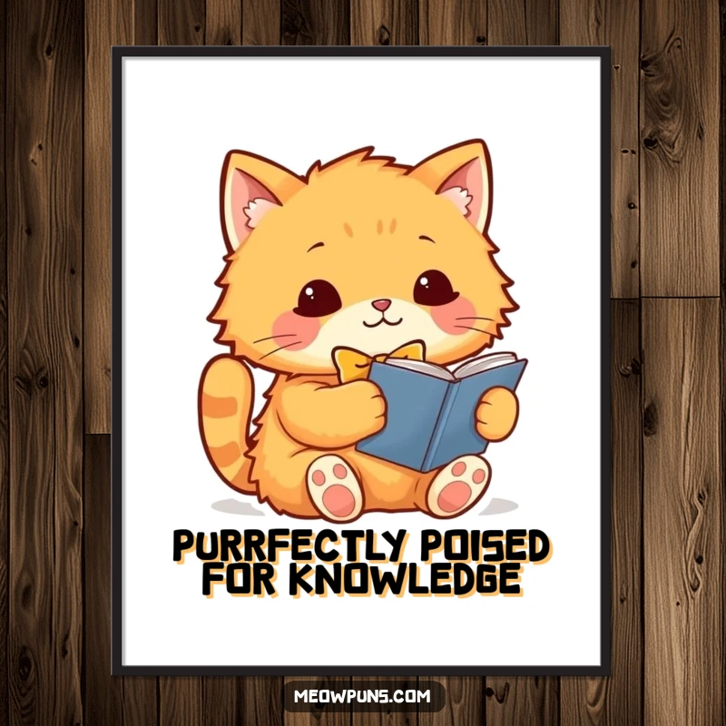 Funny Free Printable Wall Art: Fluffy orange cat wearing a bowtie, reading a book, adding witty charm to any room.