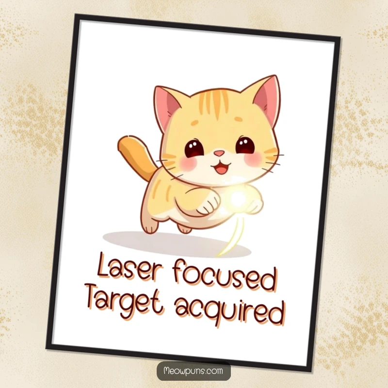 Funny Free Printable Wall Art capturing the intense, playful moment of a cat chasing a bright glowing laser dot.