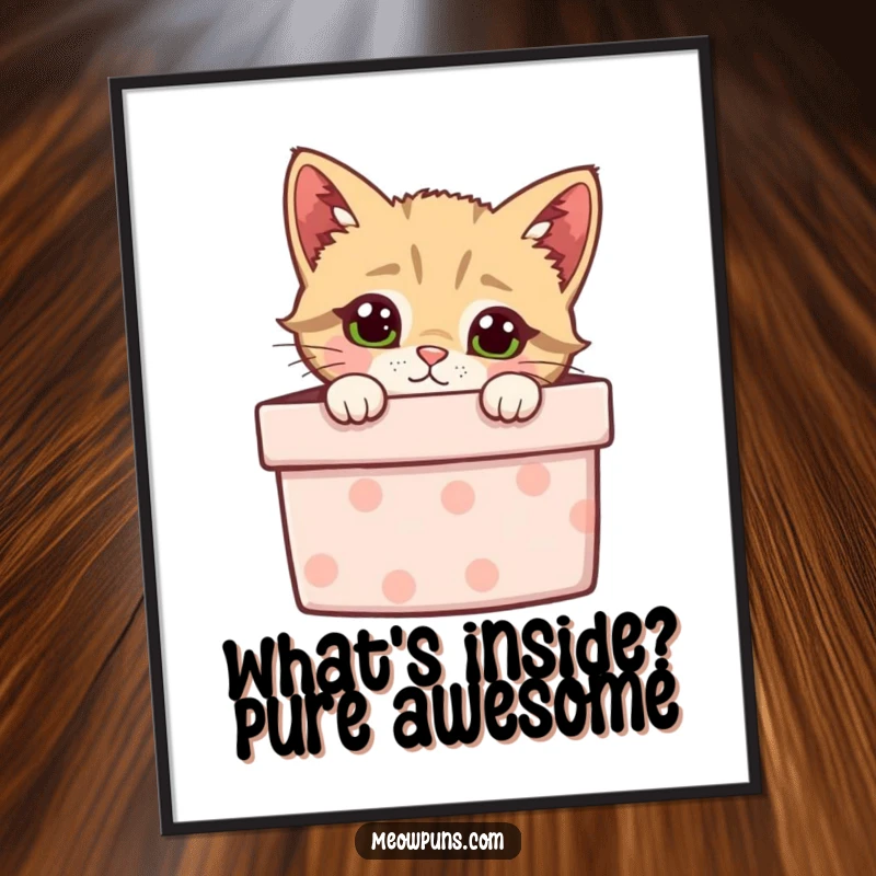 Funny Free Printable Wall Art showing a curious cat peeking its head out of a slightly ajar gift box.