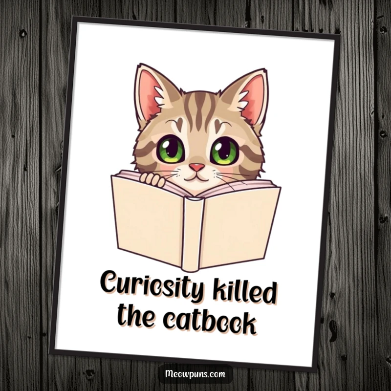 Funny Free Printable Wall Art: A curious tabby cat peeking coyly from behind a large dictionary, full of secrets.