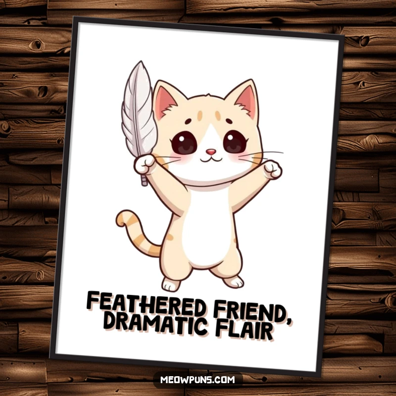 Funny Free Printable Wall Art: A cat in a grand pose mesmerized by a single floating feather, elegant downloadable art.