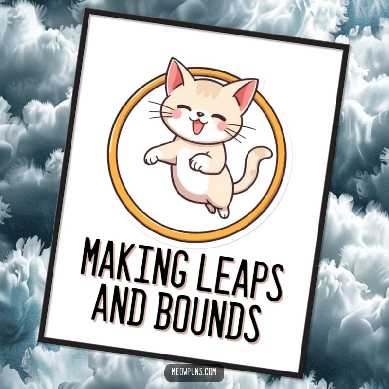 Funny Free Printable Wall Art: Dynamic cat gracefully leaping through a large stylized M hoop.