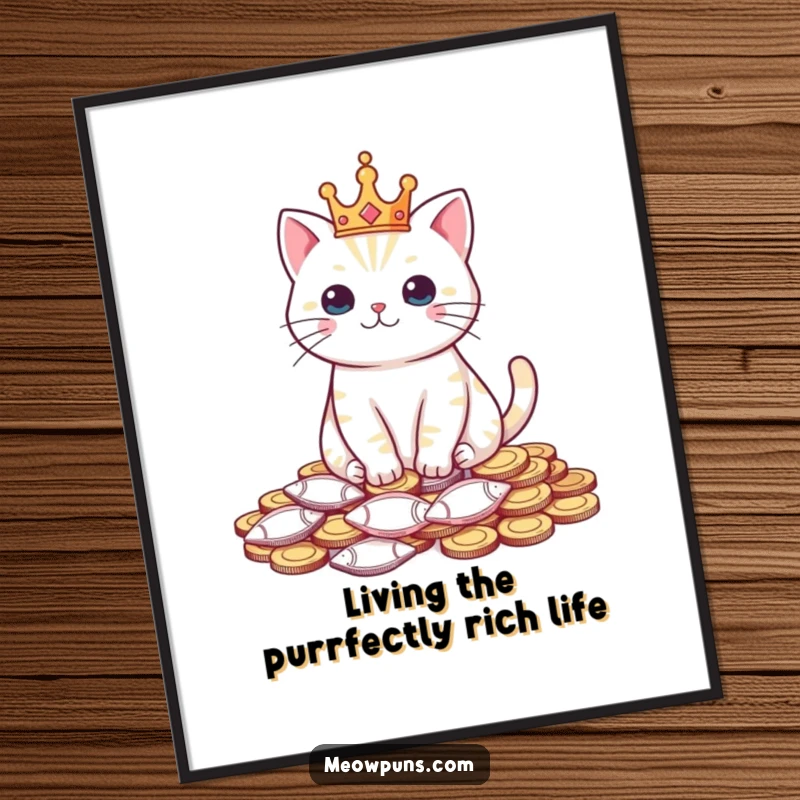 Funny Free Printable Wall Art: A cat wearing a small crown sits proudly on a pile of shiny fish-shaped coins.